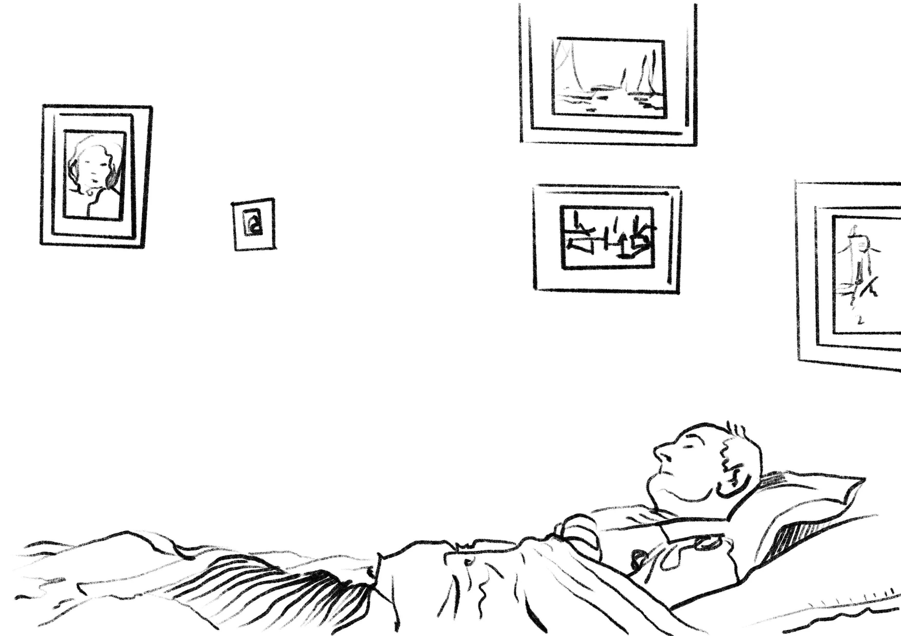 Prostokątny rysunek – czarne linie na białym tle. Całą dolną część rysunku wypełnia leżący w łóżku, pod kołdrą, umierający (lub martwy) mężczyzna. Łóżko przylega do ściany, na której powieszone są prostokątne obrazki oprawione w ramki. 