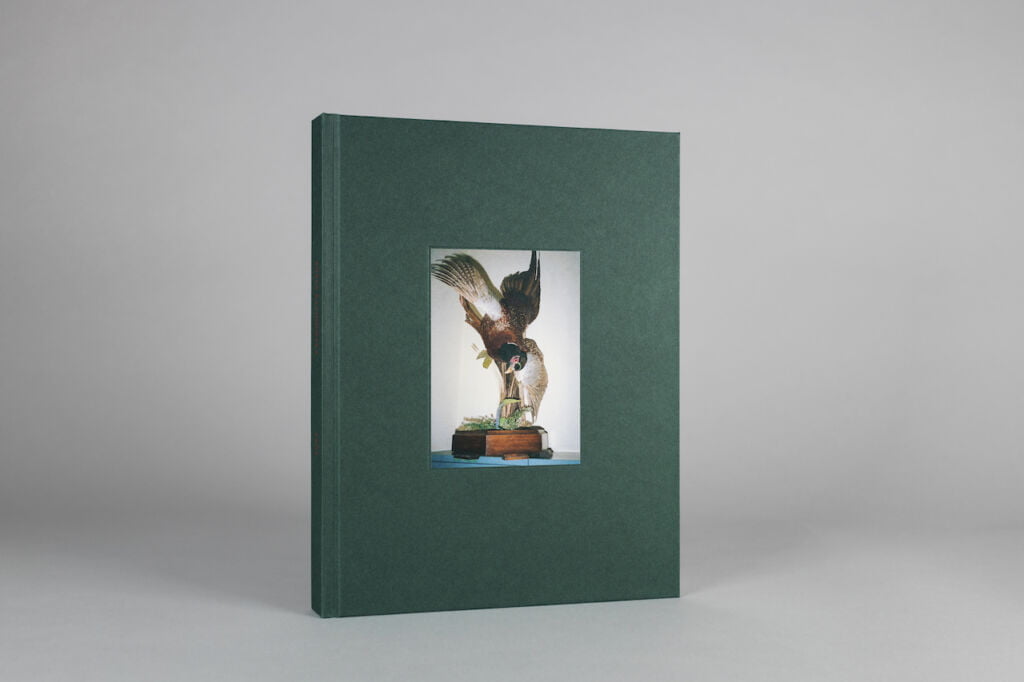 Książka z zieloną okładką, na środku zdjęcie wypchanego ptaka stojącego na drewnianym postumencie. 