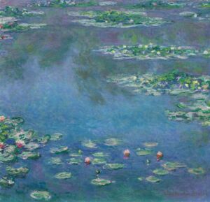 Obraz impresjonisty Claude'a Moneta. Na tafli niebiesko-zielono-fioletowej wody pływają lilie wodne i zielone liście.