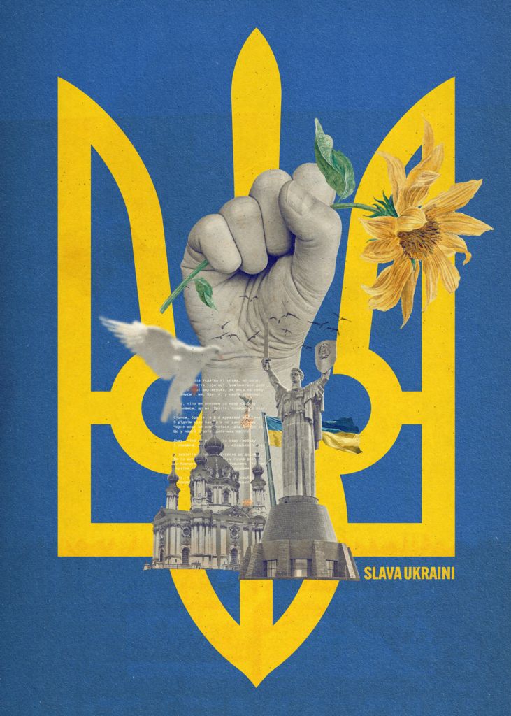 Na niebiesko-żółtym tle ręka zaciśnięta w pięść i napisa "Chwała Ukrainie"