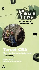 Grafika z tytułem wystawy oraz warsztatów. Po prawej stronie okrągłe zdjęcie – trzy kobiety siedzą na drzewie.