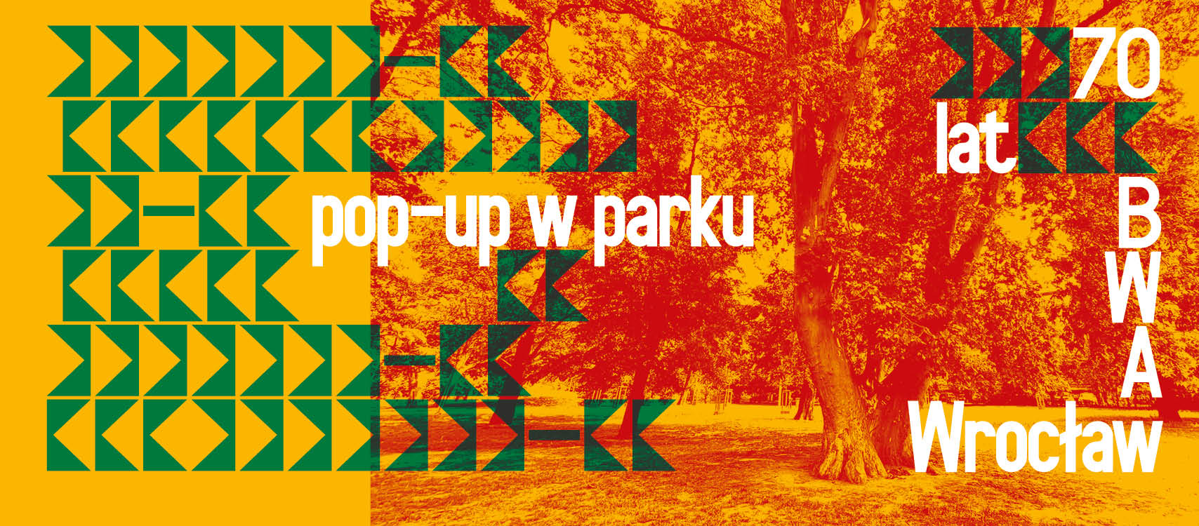 grafika z motywem drzewa i napisem: pop-up w parku, 70 lat BWA Wrocław