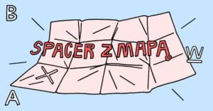 grafika z dziecięcym napisem na rysunku rozłożonej kartki "Spacer z mapą"