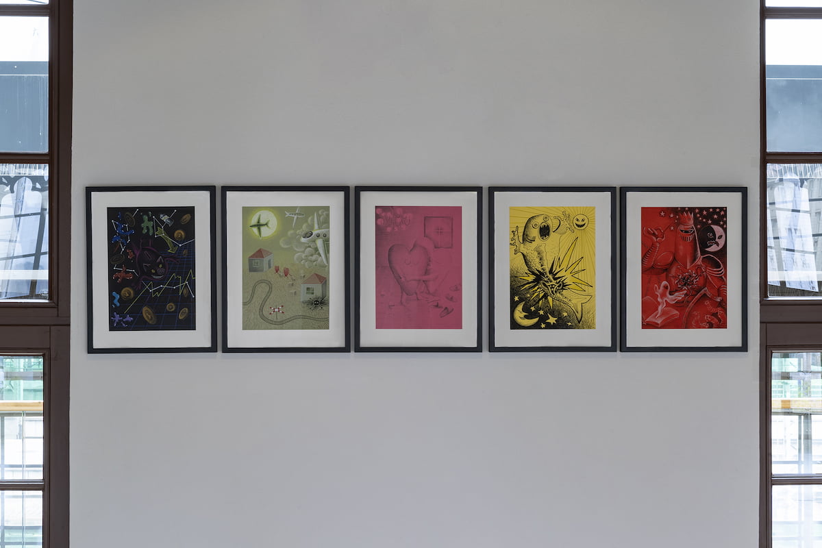 Hanna Krzysztofiak, rysunki z serii „Horoskop roczny nr 1" (2022). Od lewej: „Praca i pieniądze 1", „Dom i podróże 1", „Miłość 1", „Zdrowie 1", „Portret 1" 