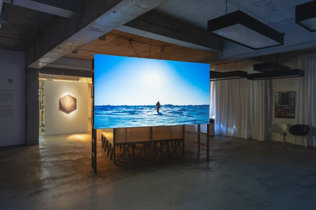 duży ekran na środku galerii wyświetlony na nim film z osobą po środku pustkownia