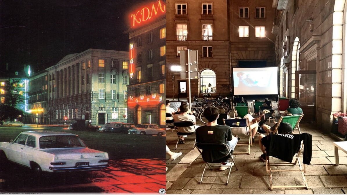 Po lewej stronie stare zdjęcie nocne Kościuszkowskiej Dzielnicy Mieszkaniowej. Po prawej stronie współczesne zdjęcie kina nocnego na KDM 