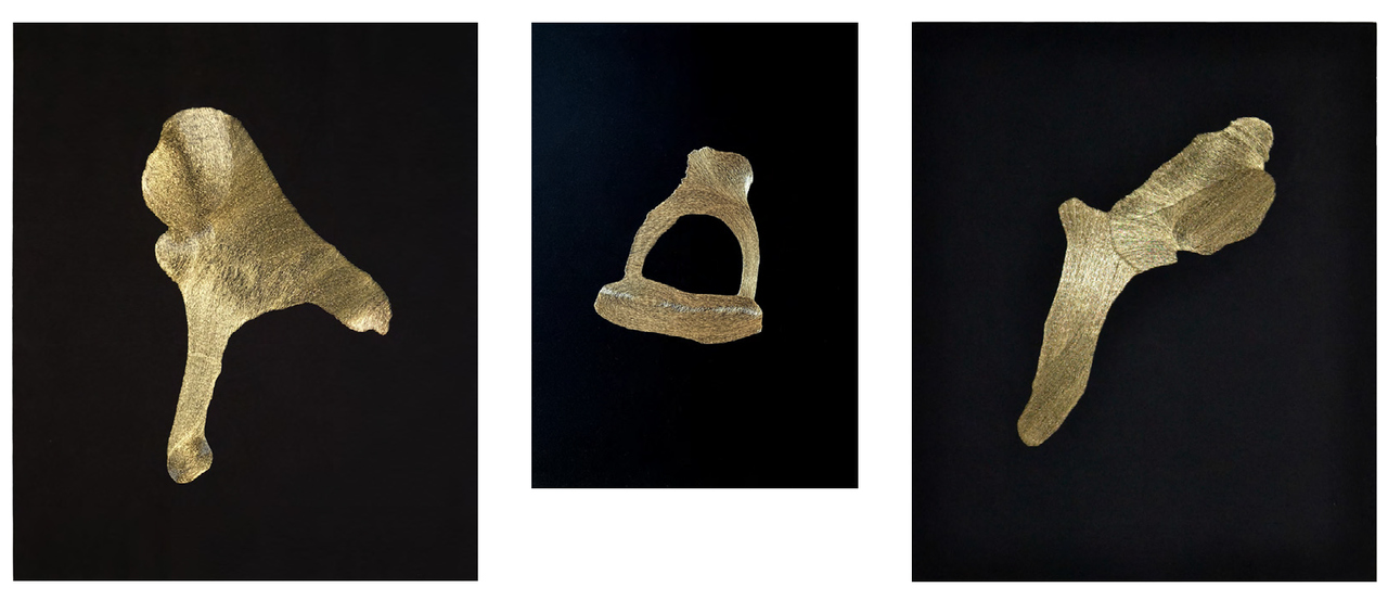 Three scans of rectangular pieces of dark fabric, each of them embroidered in gold with one of the three bones of the human ear mechanism: hammer, anvil and stirrup.