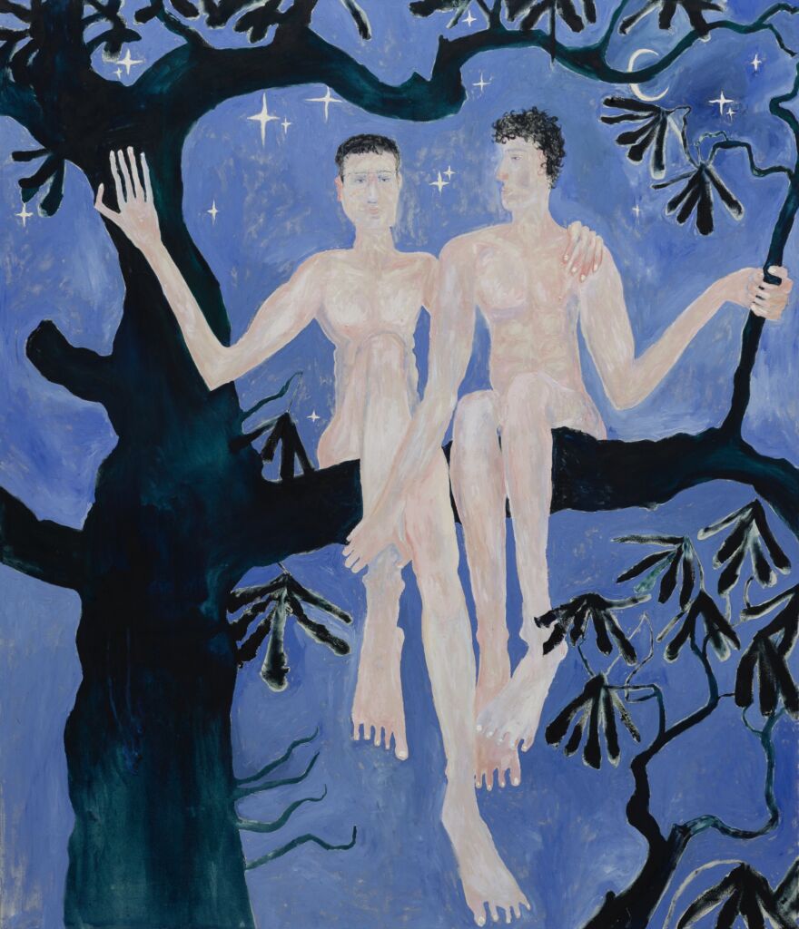 Obraz przedstawiający dwóch nagich mężczyzn siedzących na drzewie.