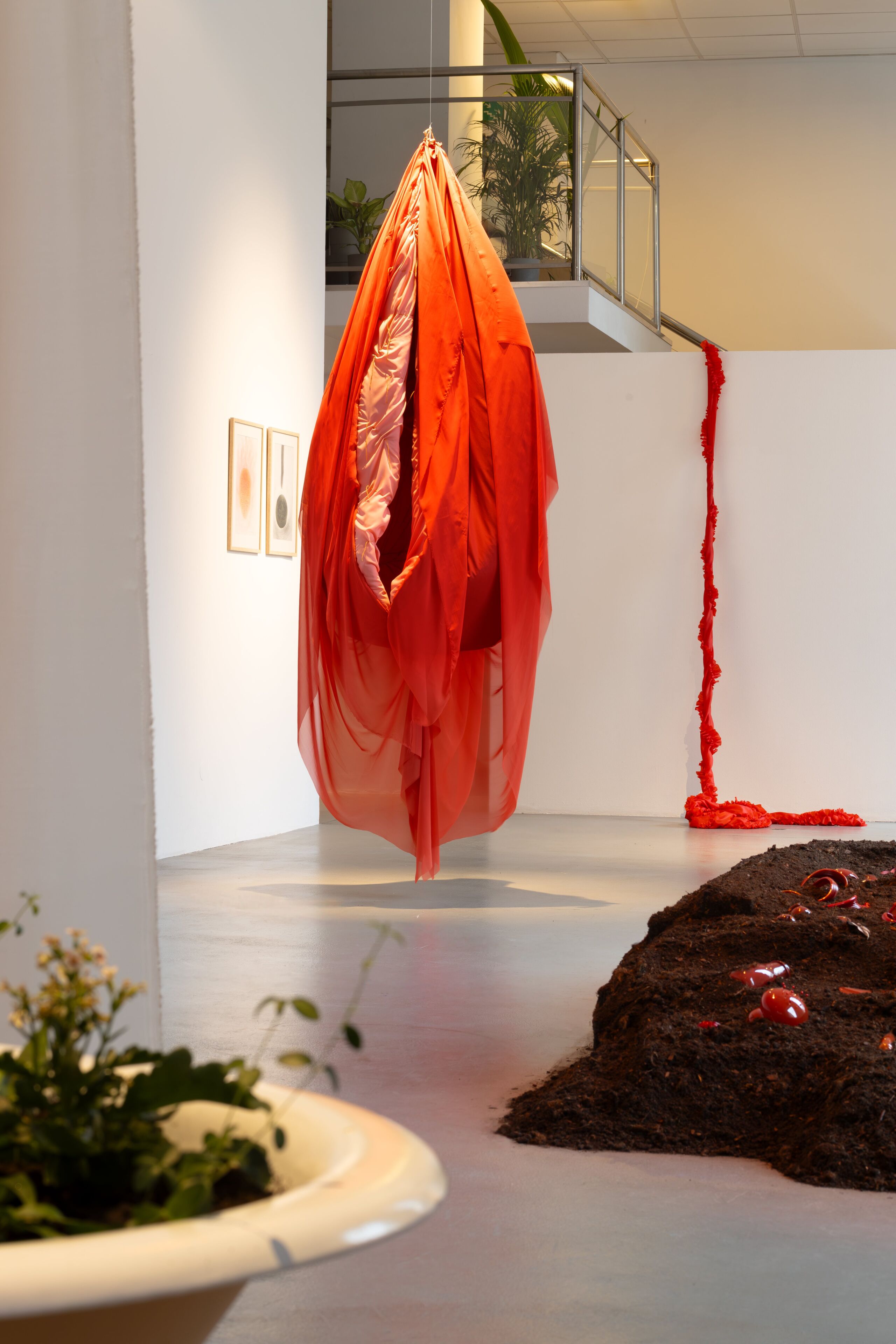 Duży, czerwony obiekt z materiału, przypominający waginę, zwisający nad podłogą w przestrzeni galerii. Na pierwszym planie, nieostry fragment starej wanny