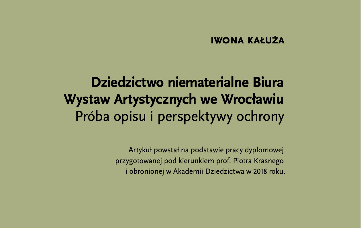 Strona tytułowa artykułu Iwony Kałuży "Dziedzictwo niematerialne Biura Wystaw Artystycznych we Wrocławiu"