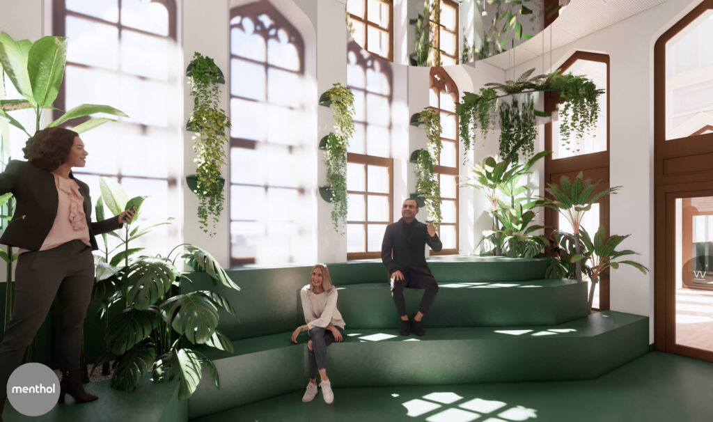 Wizualizacja zielonego pokoju z ludźmi siedzącymi na schodach.
