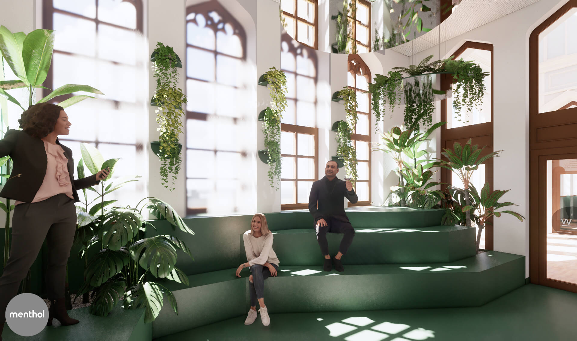 Visualisation of a green room with people sitting on the stairs.