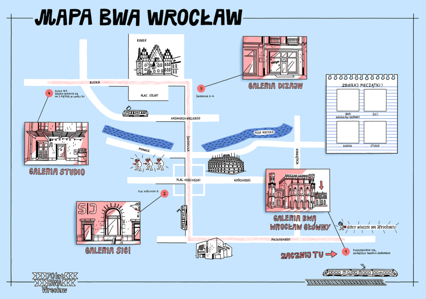Niebieska rysunkowa grafika z napisem Mapa BWA Wrocław zaznaczone rysunkami miejsca charakterystyczne we Wrocławiu i cztery siedziby BWA Wrocław
