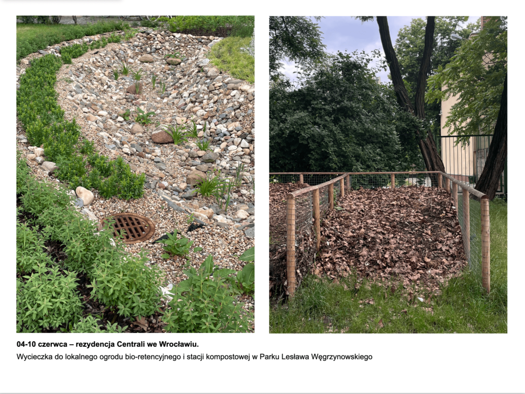 Plansza z dwoma zdjęciami: ogród bioretencyjny i stacja kompostowa