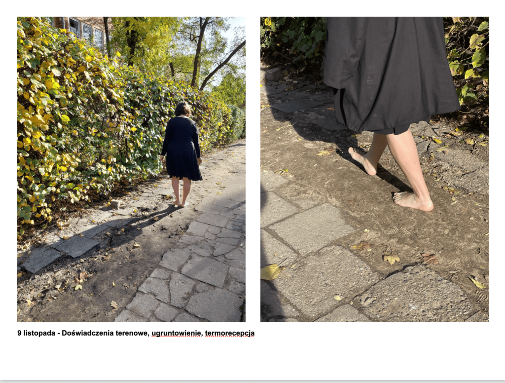 dwa zdjęcia kobiety w czarnej sukience, idącej boso przez nierówne płyty chodnikowe w słoneczny dzień