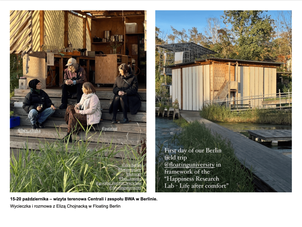 Plansza z dwoma zdjęciami: po lewej cztery osoby siedzą na schodkach na zewnątrz, po prawej drewniany pawilon. Podpis: wizyta terenowa w Berlinie, Floating Berlin