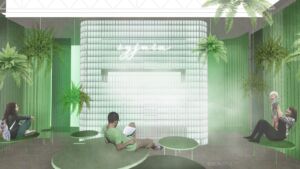 Wizualizacja zielonego pokoju z siedzącymi w nim ludźmi.
