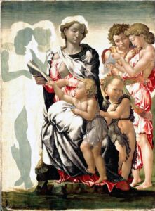 Obraz przedstawiający kobietę z aniołami i dziećmi.