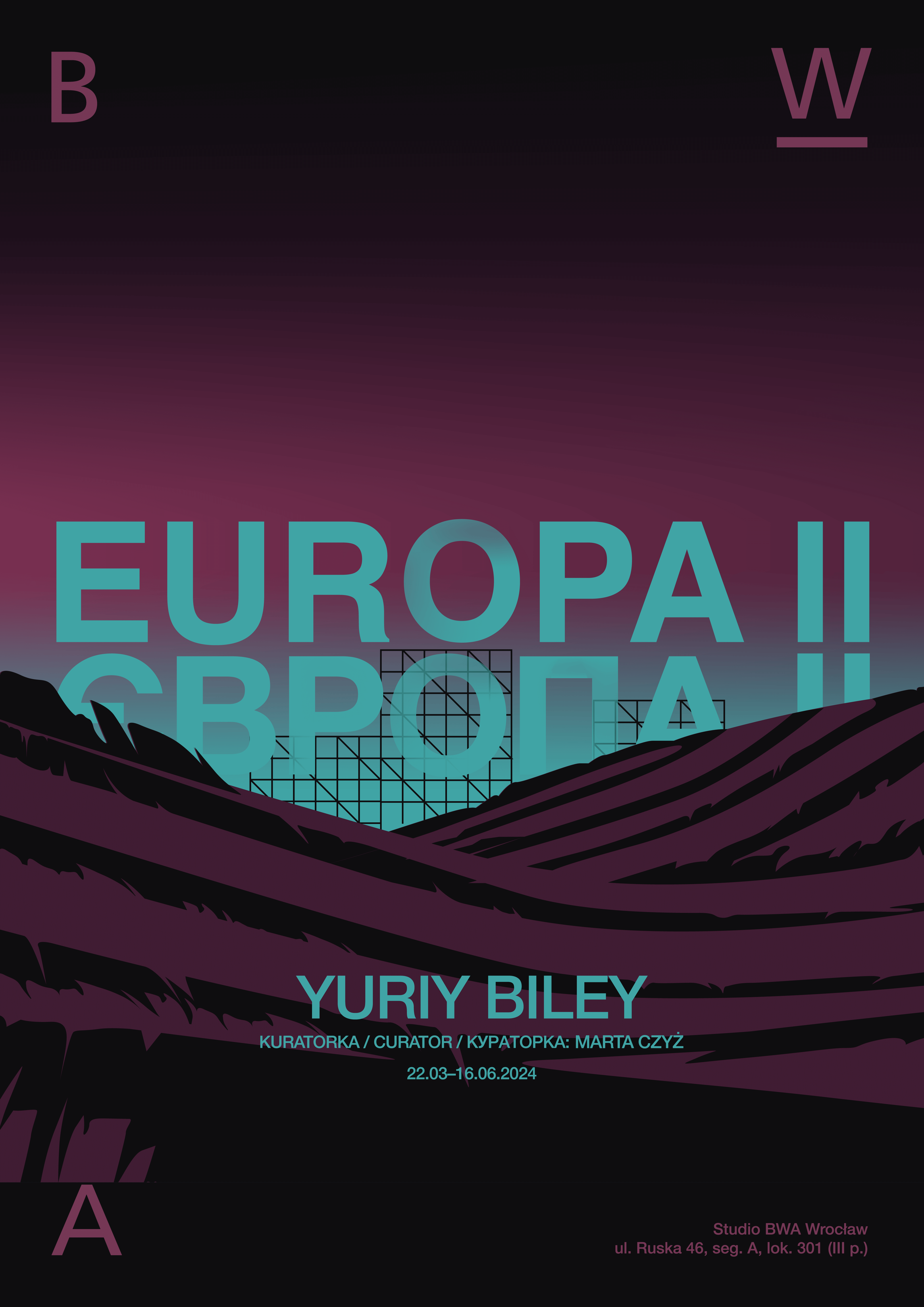 Plakat do wystawy Europa dwa w postaci grafiki przedstawiającej napis Europa w języku polski mi ukraińskim, wyłaniający się ponad łąkami. Plakat w kolorze magenty, czerni i cyjanu
