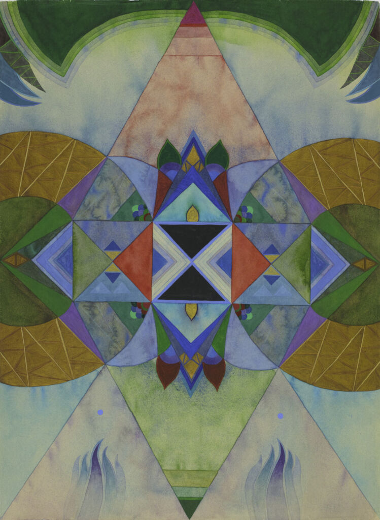 Abstrakcyjna grafika geometryczna z symetrycznymi wzorami i kolorową paletą.