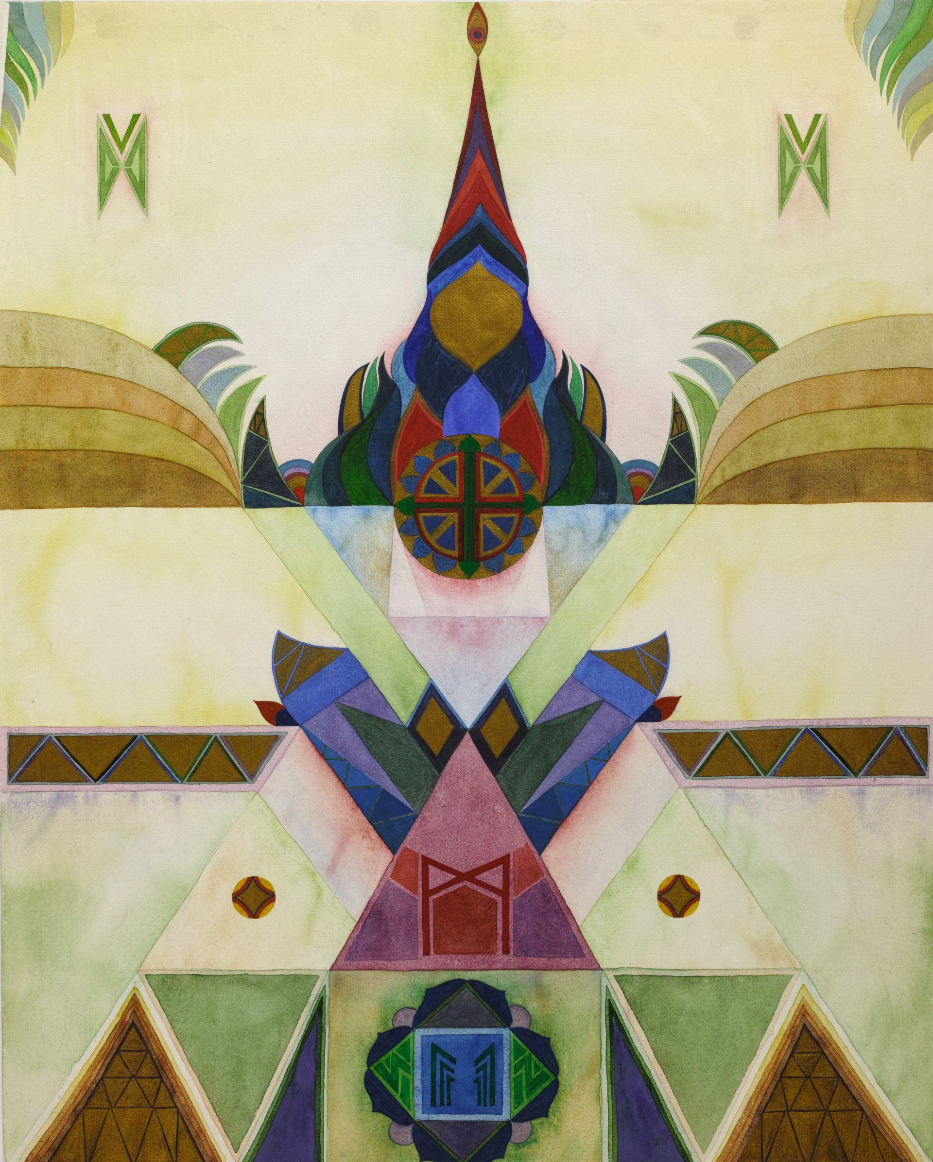 Abstrakcyjna grafika geometryczna z centralnym, symetrycznym wzorem z żywymi kształtami i kolorami, w tym trójkątami, kołami i rombami. Projekt wydaje się uporządkowany z powtarzającymi się wzorami.