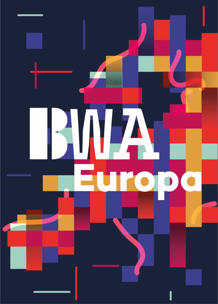 Abstrakcyjny geometryczny wzór z kolorowymi prostokątami i liniami na ciemnym tle, na który nałożono pogrubiony, biały tekst z napisem „BWA Europa”.