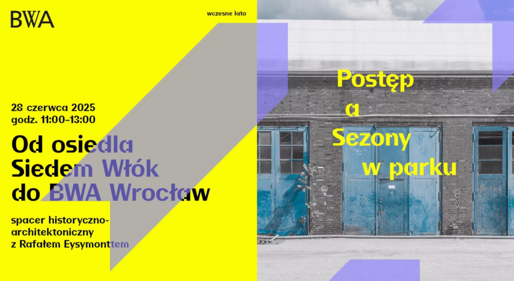 Grafika do wydarzenia przedzielona na pół z żółtym tłem i zdjęciem hali z niebieskimi drzwiami po prawej stronie.
