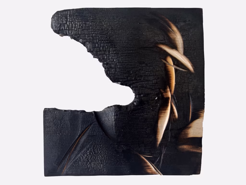 Prostokątny, poczerniały drewniany panel z brakiem dużej, nieregularnej części w kształcie kęsa po lewej stronie i smugami brązowych i brązowych śladów przypalenia na powierzchni.