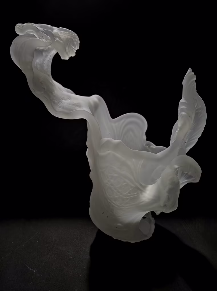 Abstrakcyjna, półprzezroczysta biała rzeźba z płynnymi, organicznymi krzywiznami i krawędziami, osadzona na czarnym tle.