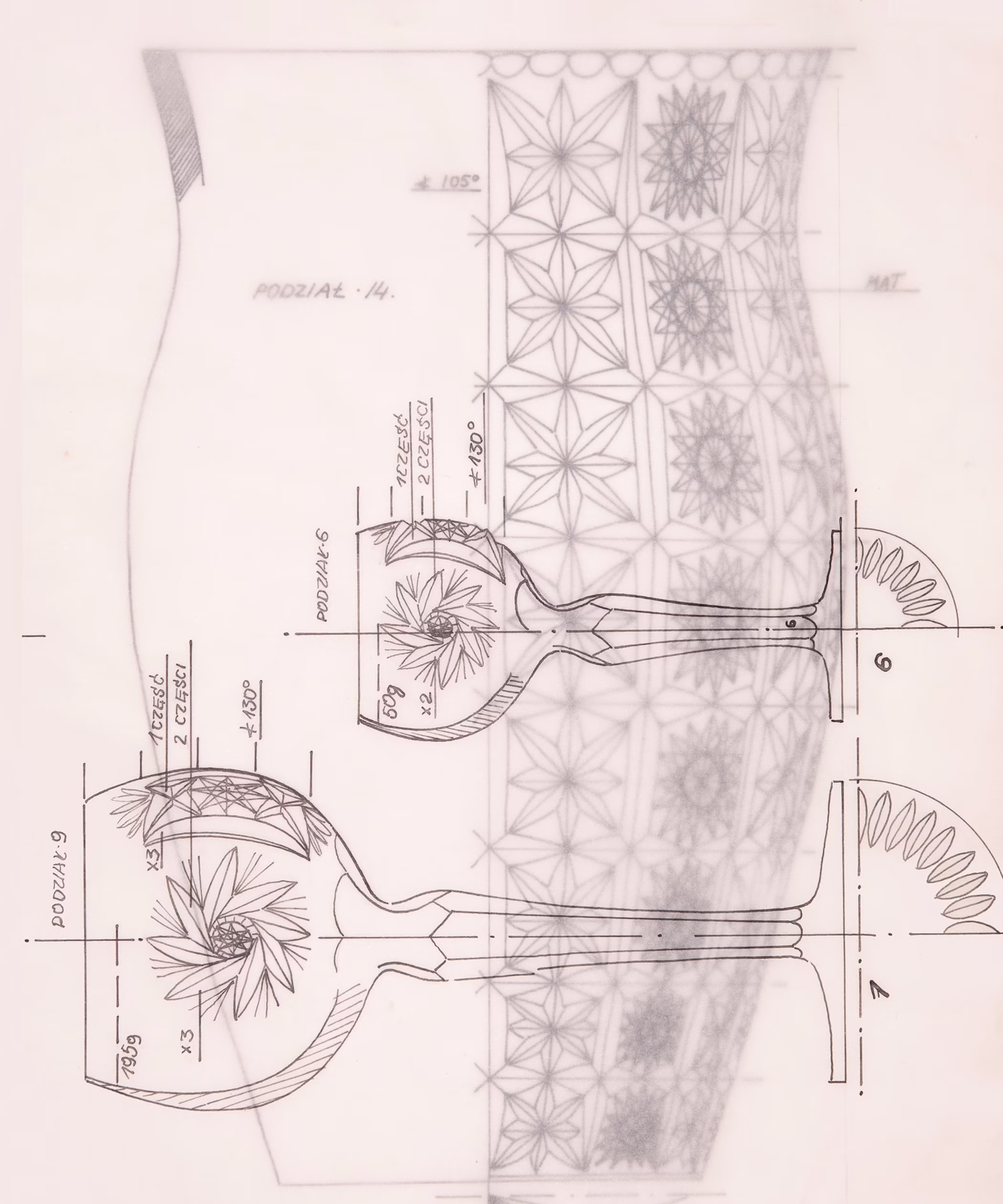 Rysunek techniczny przedmiotu dekoracyjnego z kwiatowymi wzorami geometrycznymi i oznaczonymi wymiarami, pokazany w widoku z profilu i przekroju, inspirowany estetyką wzornictwa bwa Wrocław.