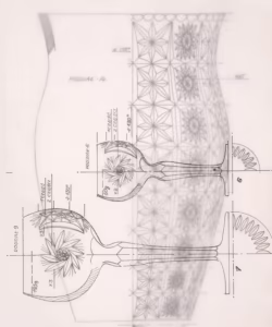 Rysunek architektoniczny na kalce technicznej przedstawiający wzory geometryczne i przekroje konstrukcji, z wymiarami i oznaczeniami w języku polskim.