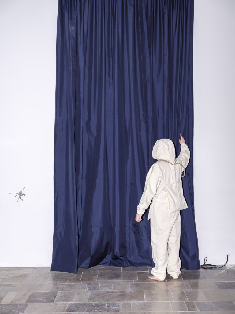 Osoba w kremowym stroju z kapturem stoi boso, dotykając ciemnoniebieskiej zasłony. Po lewej stronie obrazu widoczny jest duży owad.