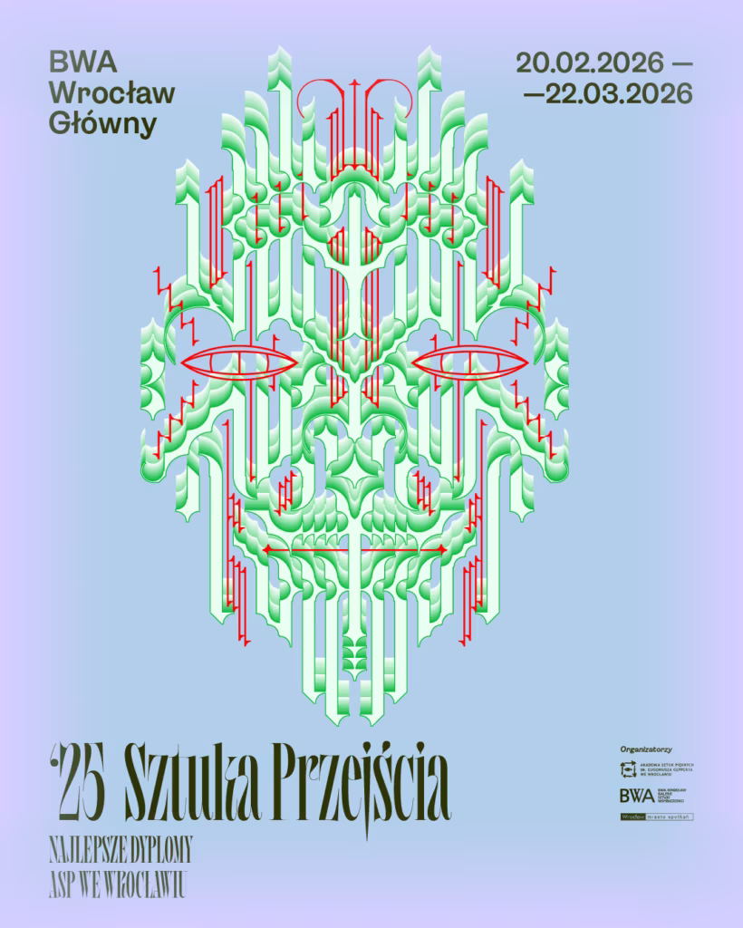 Plakat wystawy "'25 Sztuka Przejścia" w BWA Wrocław Główny, 20-22 lutego 2026, przedstawiający geometryczny abstrakcyjny wzór w pastelowych kolorach.