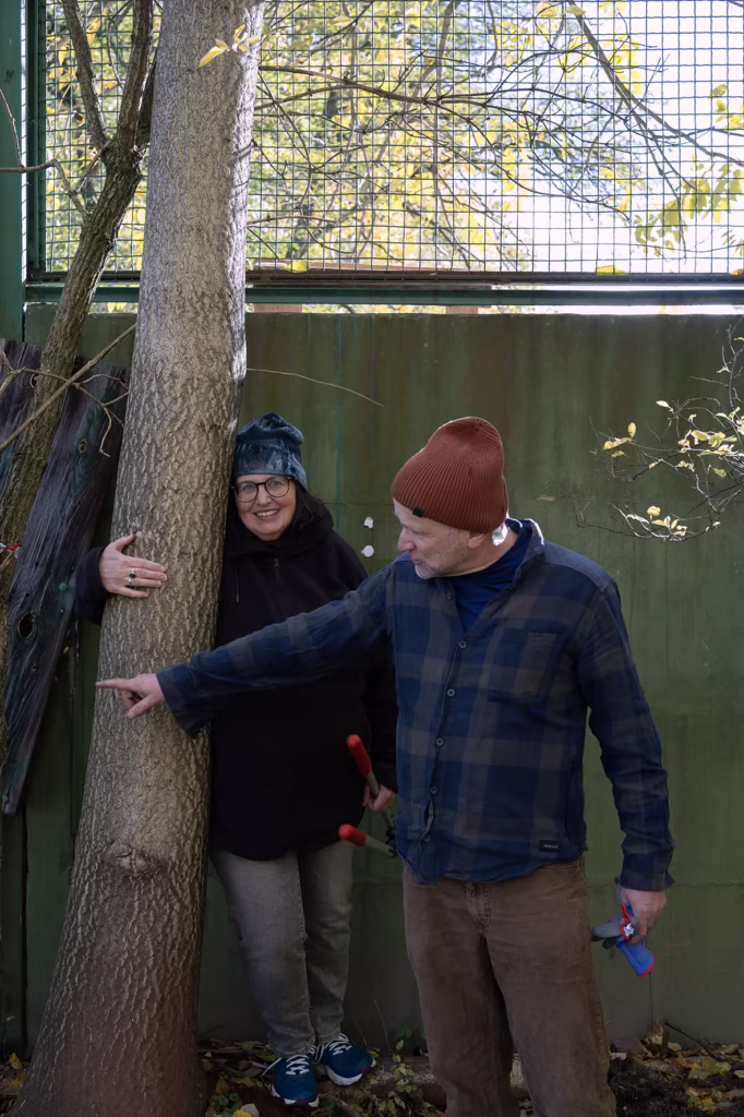 Kobieta stoi za drzewem, przytulając się do niego, podczas gdy mężczyzna w czapce trzyma narzędzia do przycinania i wskazuje w pobliżu. Są na zewnątrz w pobliżu zielonego ogrodzenia.