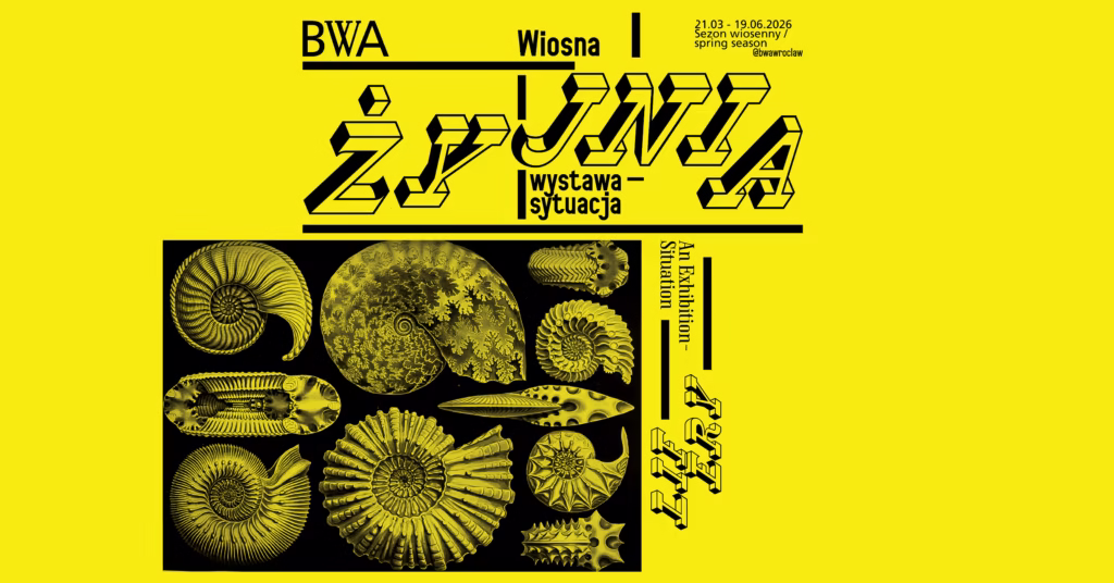 Plakat z żółtym tłem przedstawiający czarny tekst w języku polskim i angielskim o wystawie, z obrazami różnych skamieniałych muszli i amonitów w centrum.